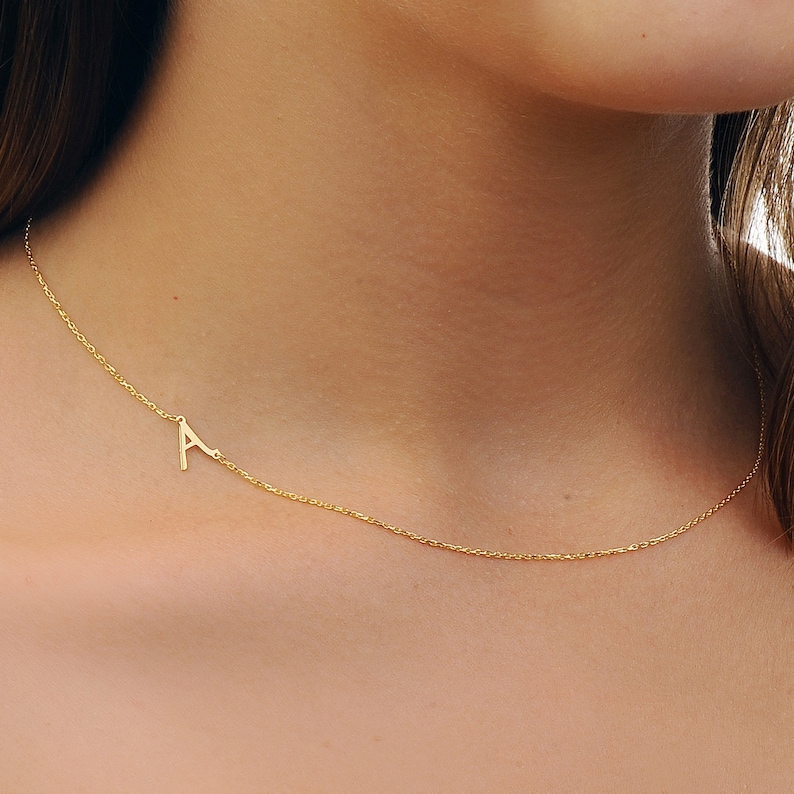 14K Solid Gold Initial Necklace Sideways Personalized Etsy