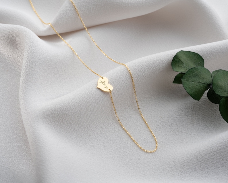 14K Solid Gold Personalized Minimal Heart Necklace, Choker Name Necklace, Name Engraved Heart Necklace, Handmade Jewelry, gifts for mom image 3