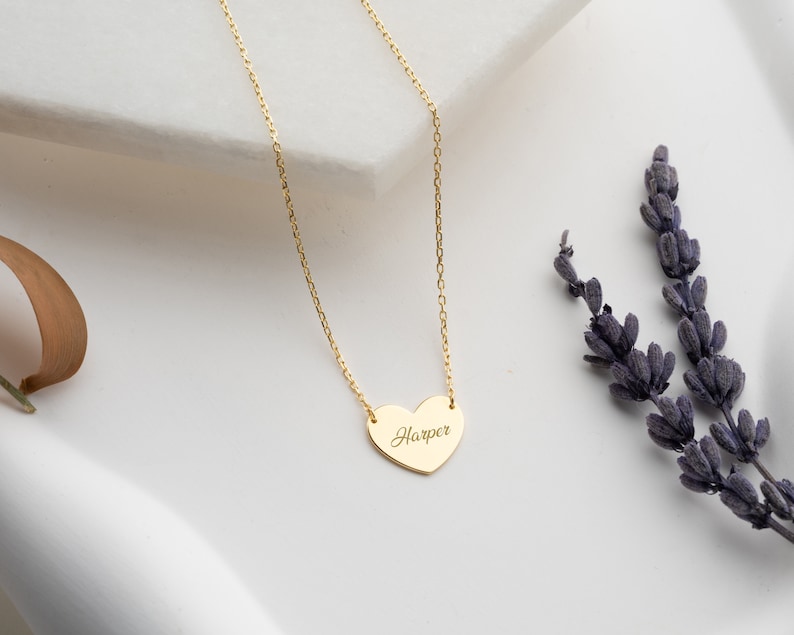 14K Solid Gold Heart Necklace/ Heart Name Necklace/ Love Necklace/ Minimalist Heart Necklace/ Mothers Day Gift/ Handmade Jewelry image 2