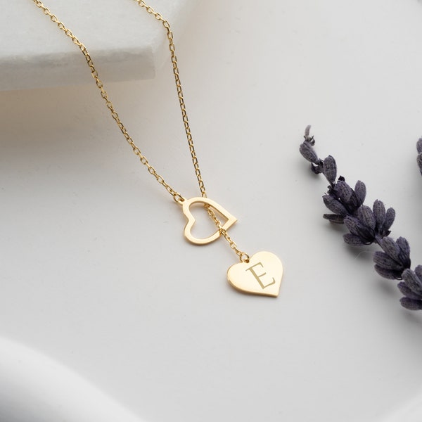 Personalized Minimal Initial Heart Lariat Necklace, Custom Personalized Initial Necklace, Heart Drop Initial Necklace, Handmade Jewelry