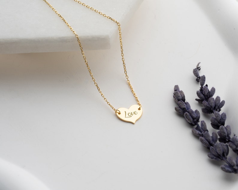 14K Solid Gold Personalized Minimal Heart Necklace, Choker Name Necklace, Name Engraved Heart Necklace, Handmade Jewelry, gifts for mom image 6