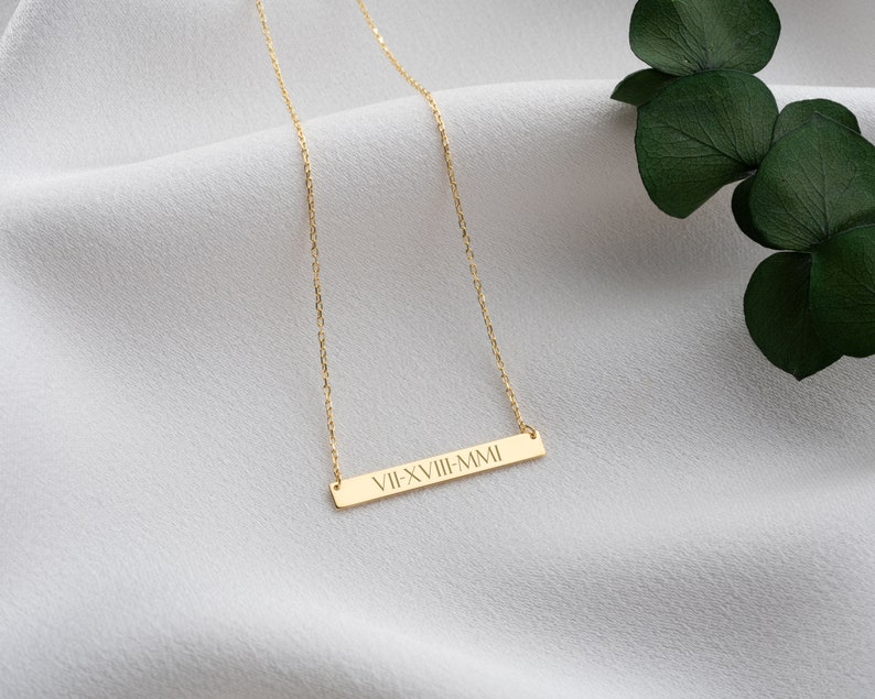 14K Solid Gold Bar Necklace, Silver Gold Rose Necklace, Custom Bar Necklace, Personalized Bar Necklace, gift for mom, Handmade Jewelry image 4
