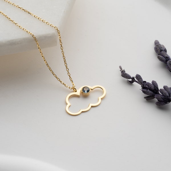 Dainty Birthstone Necklace, Cloud Outline, Yellow Gold Charm, Dreamer Romantic Gift, Handmade Jewelry, Minimalist, Handmade Jewelry