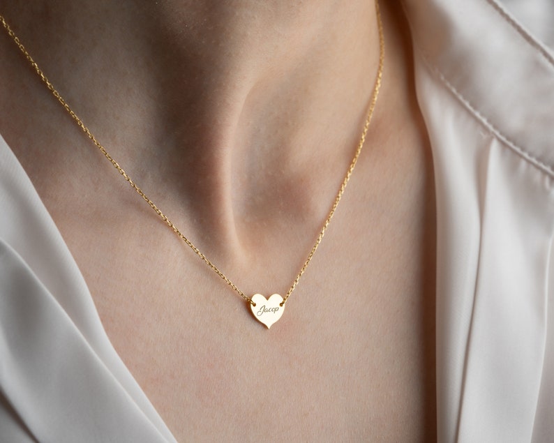 14K Solid Gold Personalized Minimal Heart Necklace, Choker Name Necklace, Name Engraved Heart Necklace, Handmade Jewelry, gifts for mom image 8