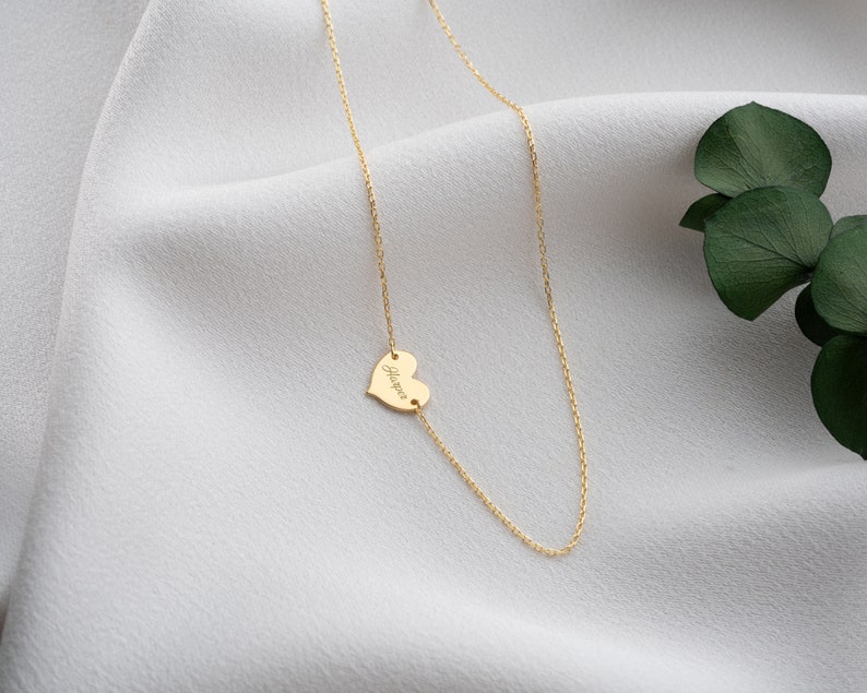 14K Solid Gold Personalized Minimal Heart Necklace, Choker Name Necklace, Name Engraved Heart Necklace, Handmade Jewelry, gifts for mom image 2