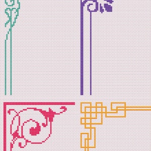 May include: Four different corner designs for cross stitch embroidery. The top left corner is teal green with a floral design. The top right corner is purple with a floral design. The bottom left corner is pink with a floral design. The bottom right corner is gold with a geometric design.