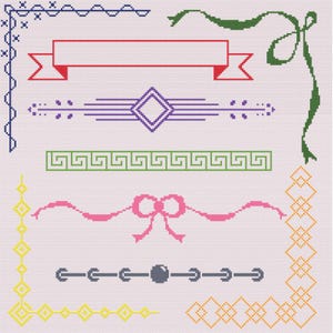 May include: A collection of cross-stitch designs featuring various borders and decorative elements. Includes a red banner, green ribbons, a purple geometric design, a pink bow, and corner accents in blue, yellow, and orange.