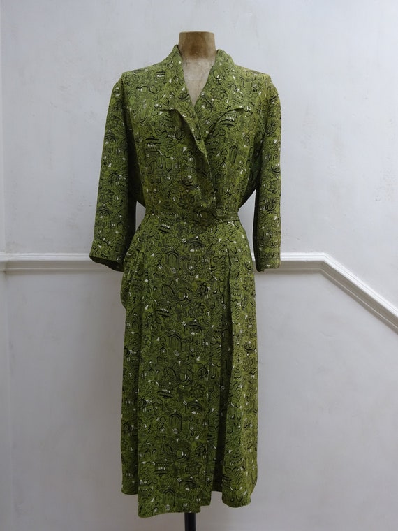 1940s NOVELTY CREPE DRESS-40s Green Wrap Dress-40s