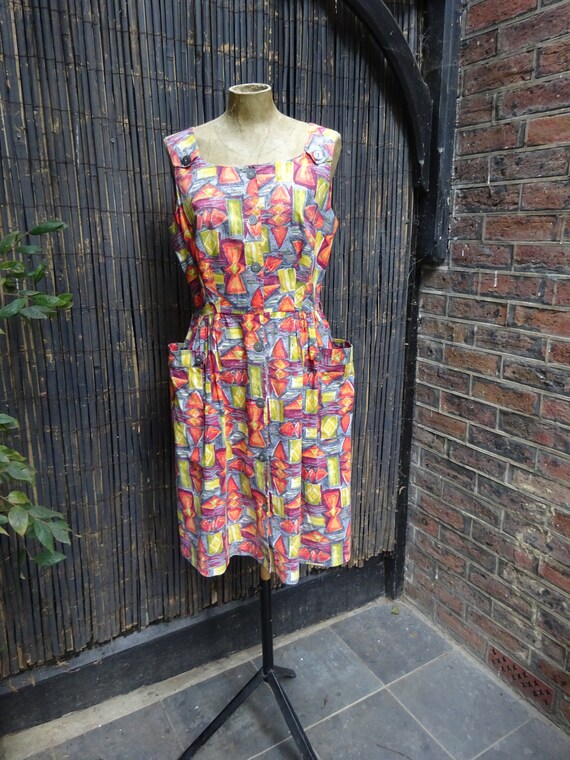 1950s ABSTRACT COTTON DRESS-50s Classic Sun Dress-