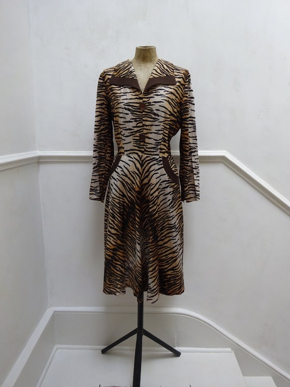 1940s Vintage Tiger Print Rayon Jersey Dress-Stunn