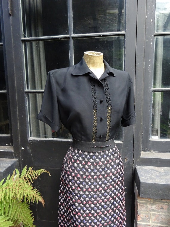 1940s BLACK SILK BLOUSE-40s Silk and Lace Blouse-4