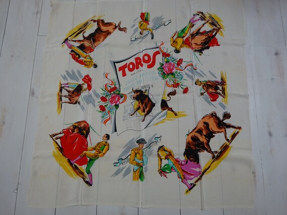 VINTAGE SOUVENIR SCARF-Large Bullfighting Souvenir