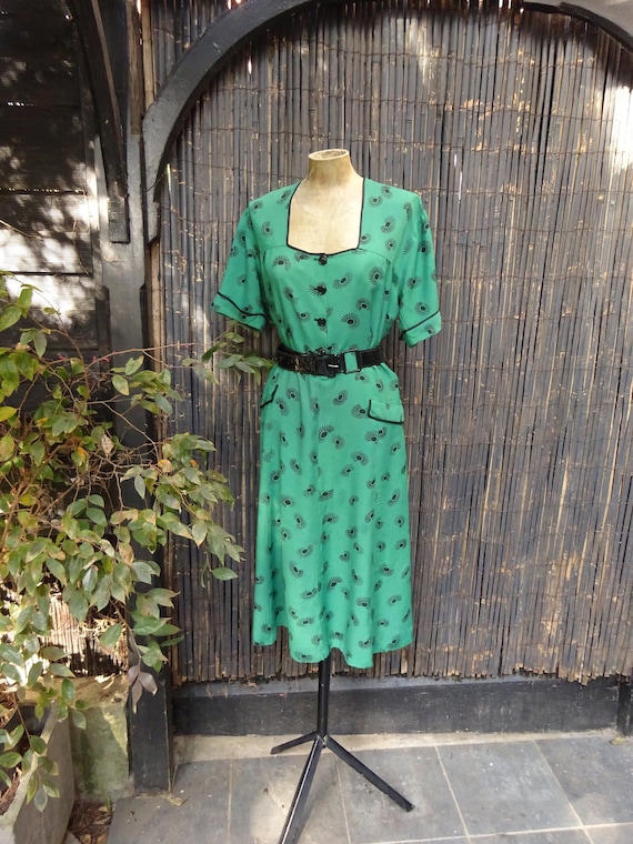 1940s RAYON DAY DRESS-40s Kelly Green Dress-1940s