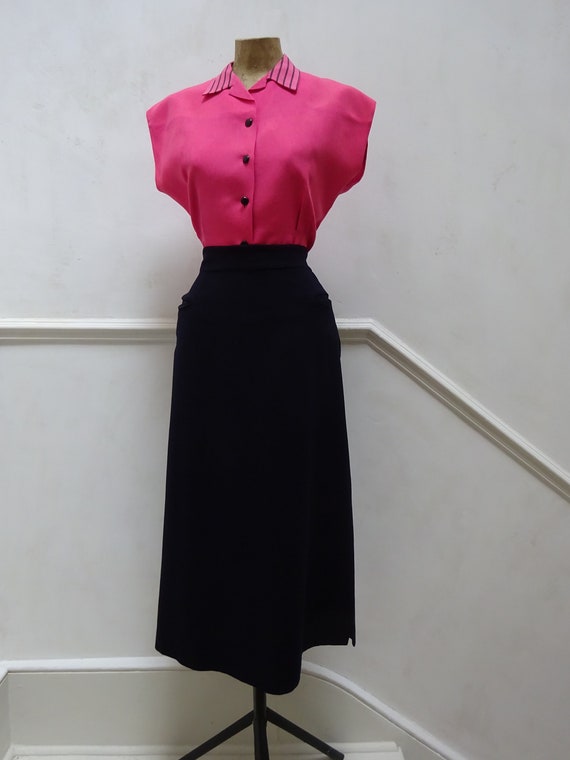1950s SHOCKING PINK BLOUSE-50s Linen Tailored Blou