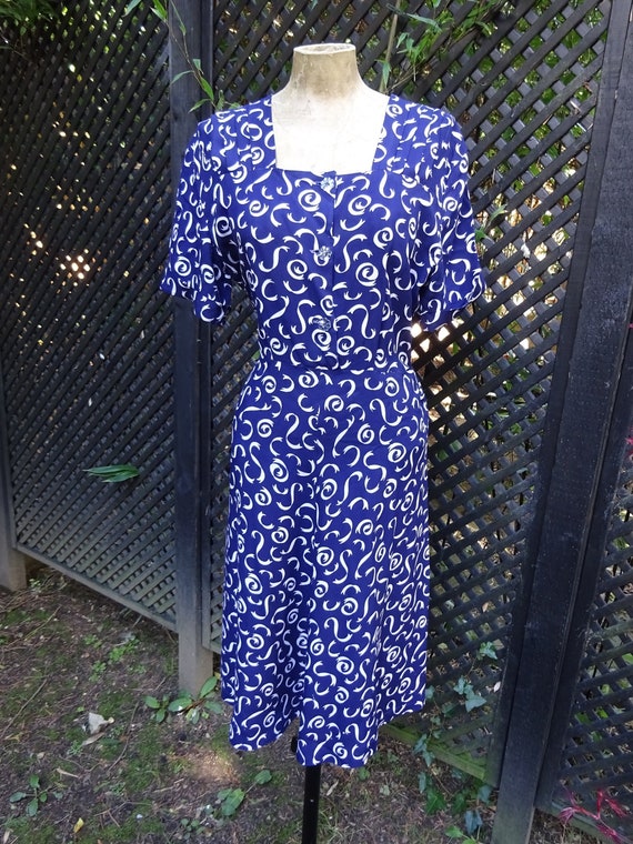 1940s COTTON DAY DRESS-40s Navy Blue and White Dre