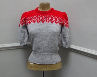 1940s CUSTOM HANDKNIT SWEATER-40s Grey and Red handknitted Jumper.