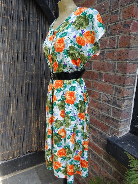 1950s COTTON SUN DRESS-50s Floral Dress-1950s Vint