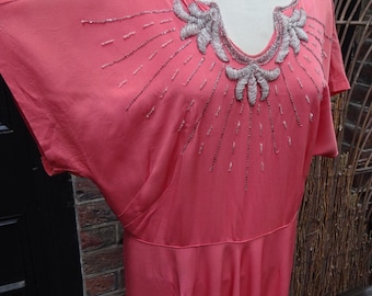 1930s  CORAL EVENING GOWN-Vintage Crepe Beaded Evening Dress.