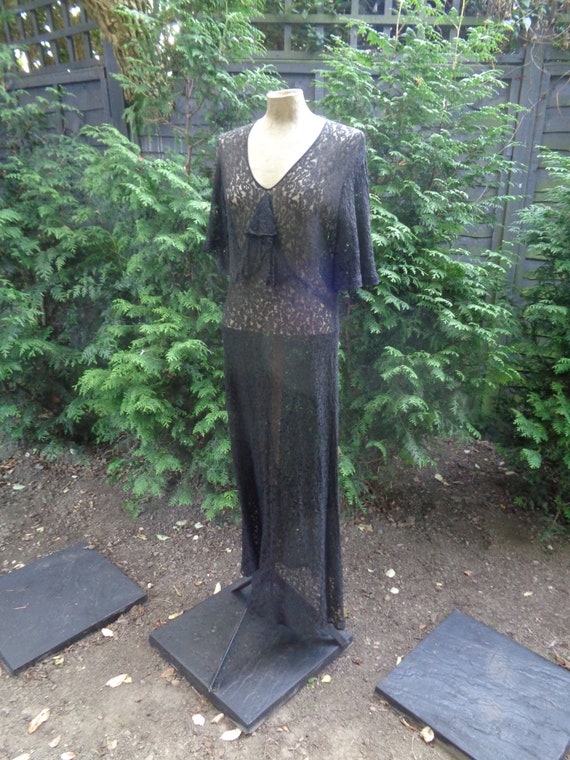 1930s-1940s LACE DRESS-Bow Detail Lace Dress-30s L