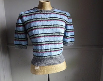 1940s HANDKNITTED STRIPE SWEATER-40s Patterned Jumper