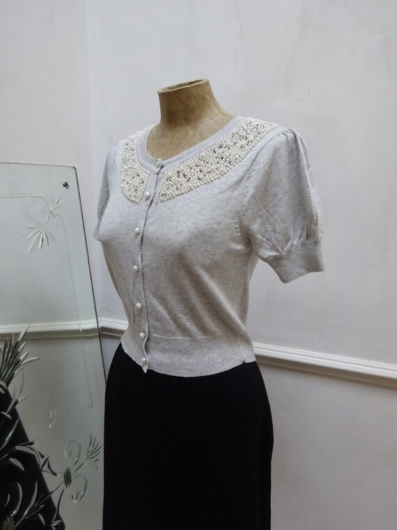 1950s BEADED EVENING JUMPER-50s Grey Beaded Cardig