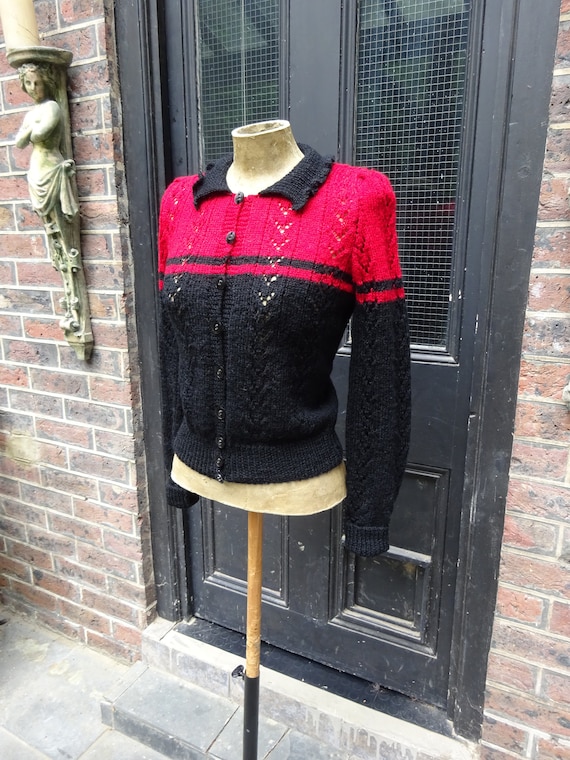 1940s CUSTOM MADE CARDIGAN-40s Black and Red Wooll