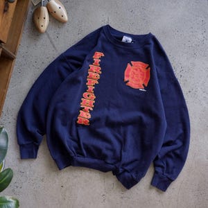 Vintage Firefighter Fire Department 90s Navy Blue Crewneck Sweatshirt - Large