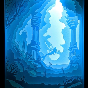 Shadowbox a sirena, modello di scatola luminosa con taglio di carta a forma di sirena