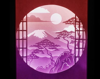 Japanese Landscape shadowbox, paper cut light box template