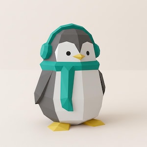 Penguin Papercraft sculpture, earmuffs penguin