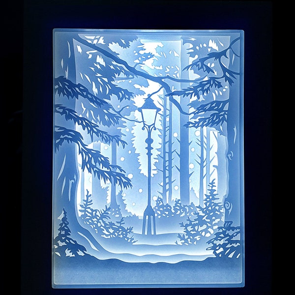 Street Lamp in the Forest, pine forest shadowbox, paper cut light box