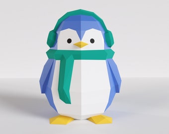 Penguin Papercraft sculpture, earmuffs penguin