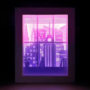Cat in Window shadowbox, paper cut light box template