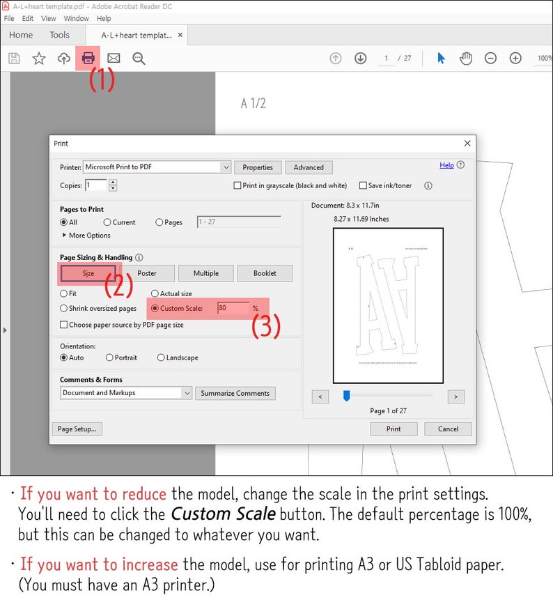 May include: A screenshot of a computer screen showing the print settings in Adobe Acrobat Reader. The print settings include options for pages, size, orientation, and custom scale. The custom scale is set to 80%.