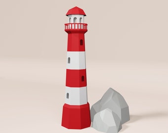 Lighthouse Papercraft, 3D decor DIY light house and rock sculpture Low poly printable template