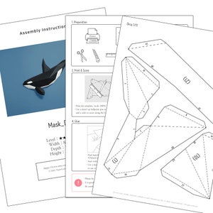 May include: Black and white papercraft template for an orca, a type of whale. The template is divided into three sections, labelled 1, 01, and LZ. The template includes instructions for printing, scoring, and gluing the paper.
