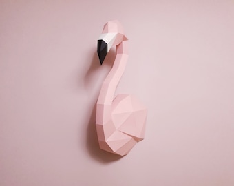 Flamingo Papercraft, 3D wall decor DIY sculpture Low poly printable template animal origami