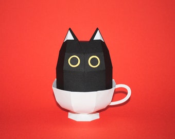 Teacup Cat papercraft, cat lowpoly paper model