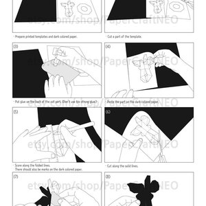 May include: Instructions for making a paper model using dark coloured paper. The steps are illustrated with drawings of hands holding the paper and tools. The text includes the words "How to make a model with dark coloured paper or thick paper".