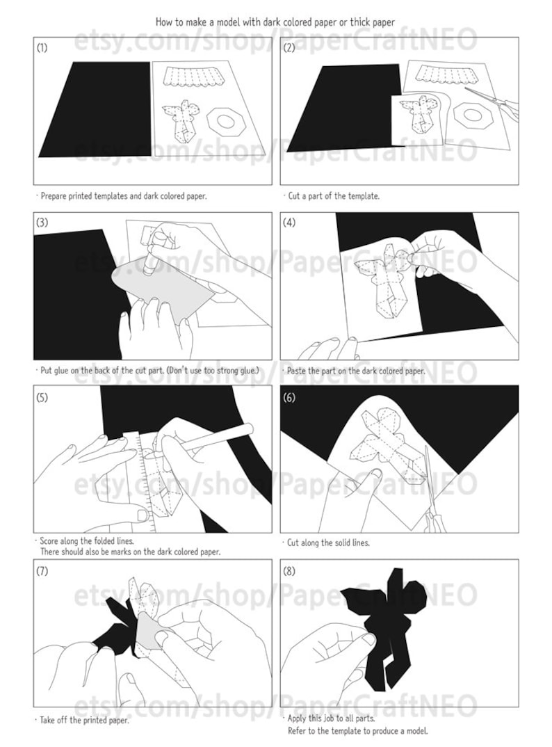 May include: Instructions for making a paper model using dark coloured paper. The steps are illustrated with drawings of hands holding the paper and tools. The text includes the words "How to make a model with dark coloured paper or thick paper".