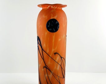 Colorful hand blown Italian orange Murano Glass Vase, decorated with Dark Blue glass, Murano Art Glass,