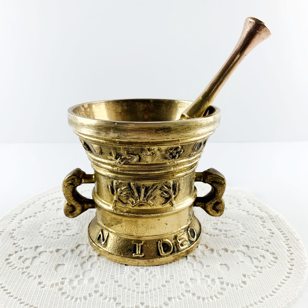 Mediumsized Mortar With Two Handles Matching Pestle Included, Bronze