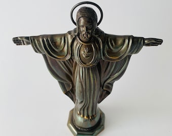 Jesus Christ, Sacred Heart Statue, Vintage Bronze Religious Art 1960's, Catholic Bronze Sculpture