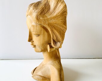 手彫りの木製バリ女性胸像、インドネシア・バリ島産木彫り置物、バリ