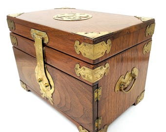 Antique Solid Wooden Jewelry Box made in China in the 1930&#39;s , Antique Chinese Jewelry Box with fine brass fittings and handles,