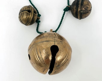 Vintage decorative warning bells, 1 large bell and 2 small bronze bells on a sturdy cord, handmade In India 1950&#39;s, Vintage Warning Bell,