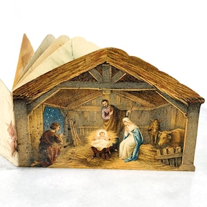 Antike französische Weihnachtskarte als Heft in Form einer Krippe, seltenes französisches Weihnachtsheft, antikes Geschenkartikel,