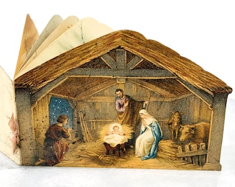 Antique French Christmas Card as a Booklet in the Shape of a Nativity Scene, Rare French Christmas Booklet, Antigue Giftware,