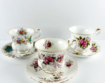 3 Cup and Saucer Royal Albert and Royal Ascot in Fine English Porcelain, Berkeley, Lavender Rose and Rose Basket