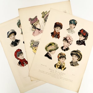 3 Original Antique Fashion Prints of Hats from Revue de la Mode and La Mode Francaise, Stunning Hats late 1800's, Antique Illustrations.